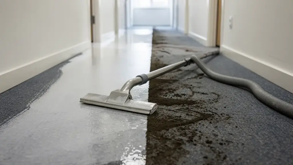Corridor carpet half extracted, the cleaned lane bright beside the soiled traffic lane