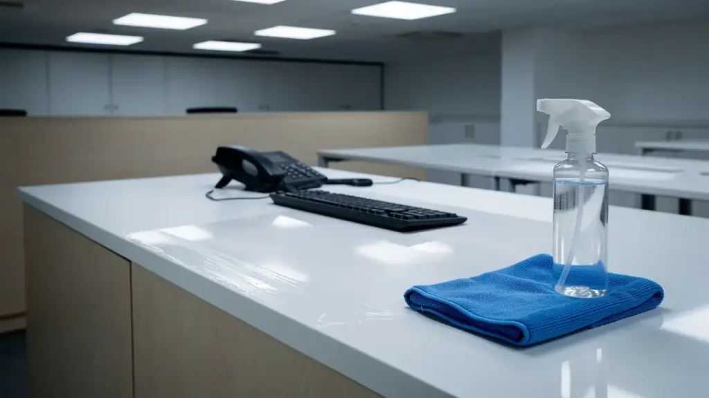 Office work surface wiped streak-free with a folded microfiber cloth on the edge