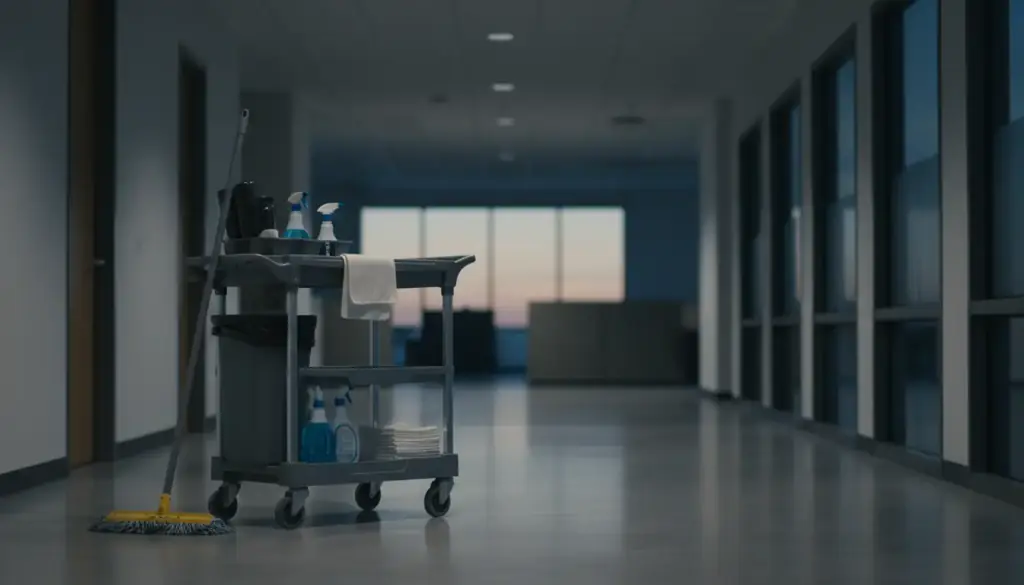 Janitorial cart with liners, spray bottles and cloths in a clean office corridor