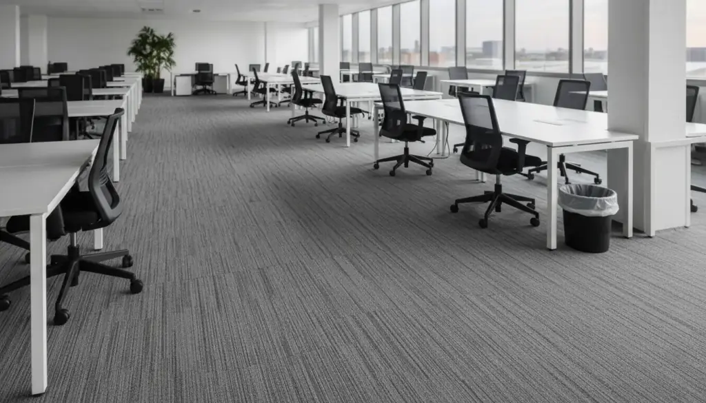 Open-plan office after cleaning, desks cleared and carpet vacuumed in even passes