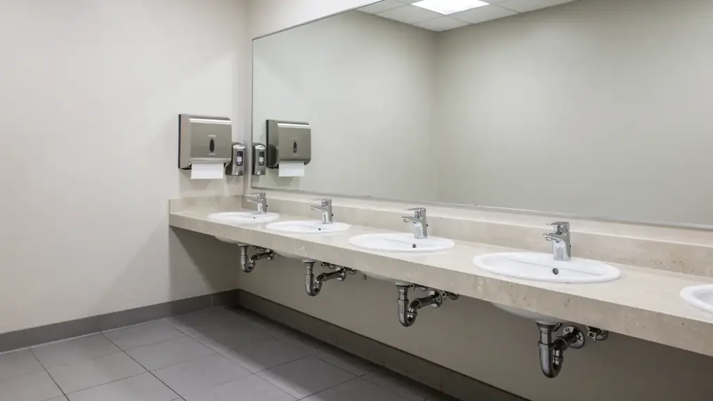 Commercial restroom vanity with clean sinks and stocked towel and soap dispensers